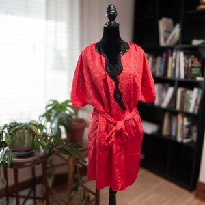 Vintage Delicates Red Satin Robe S Lace Beaded Sequin Trim Y2K Boudoir Lingerie